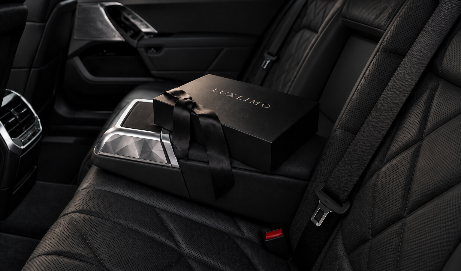 LUXLIMO-gaveæske på bagsædet af en luksusbil