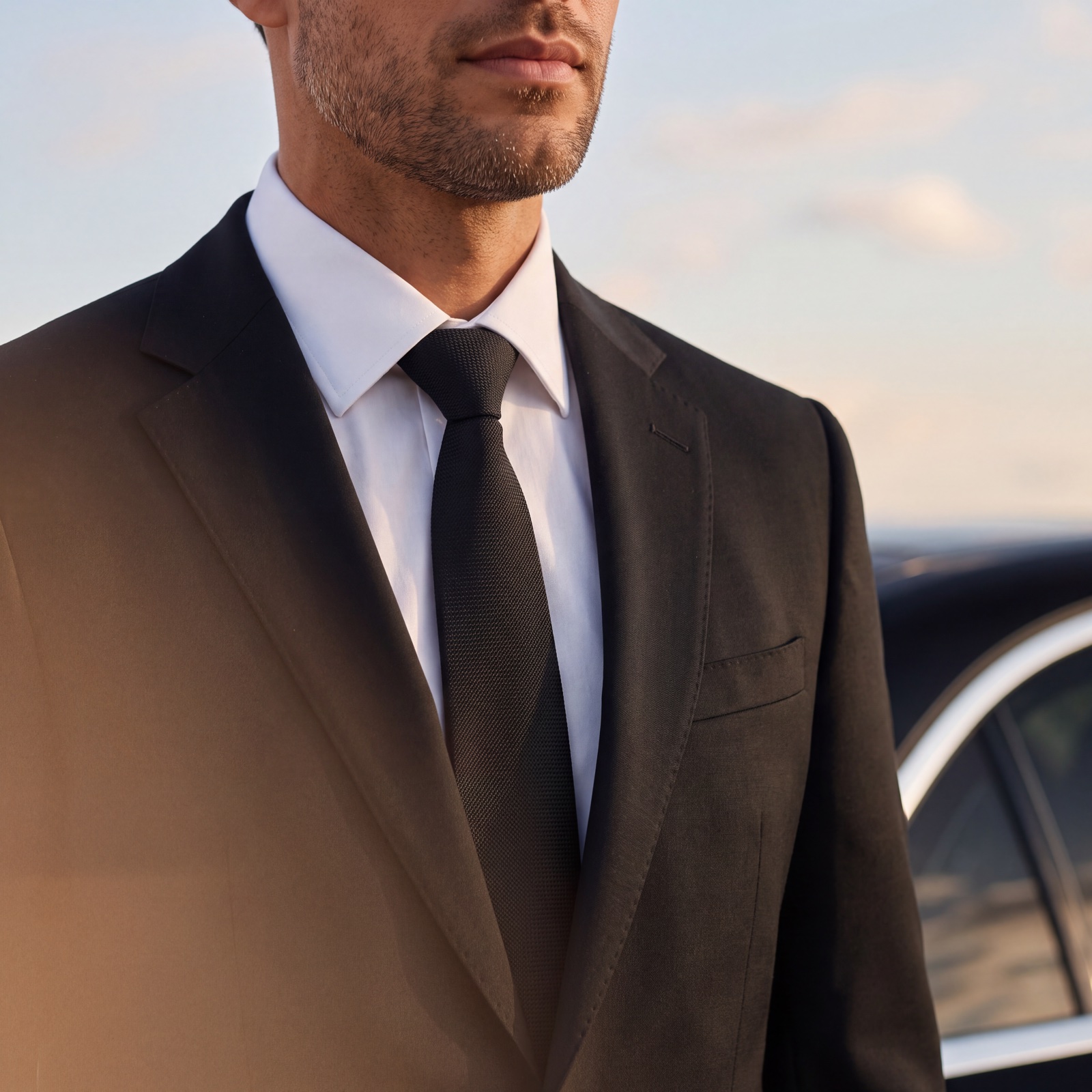 LuxLimo chauffeur in a dark suit, white shirt and black tie beside the car