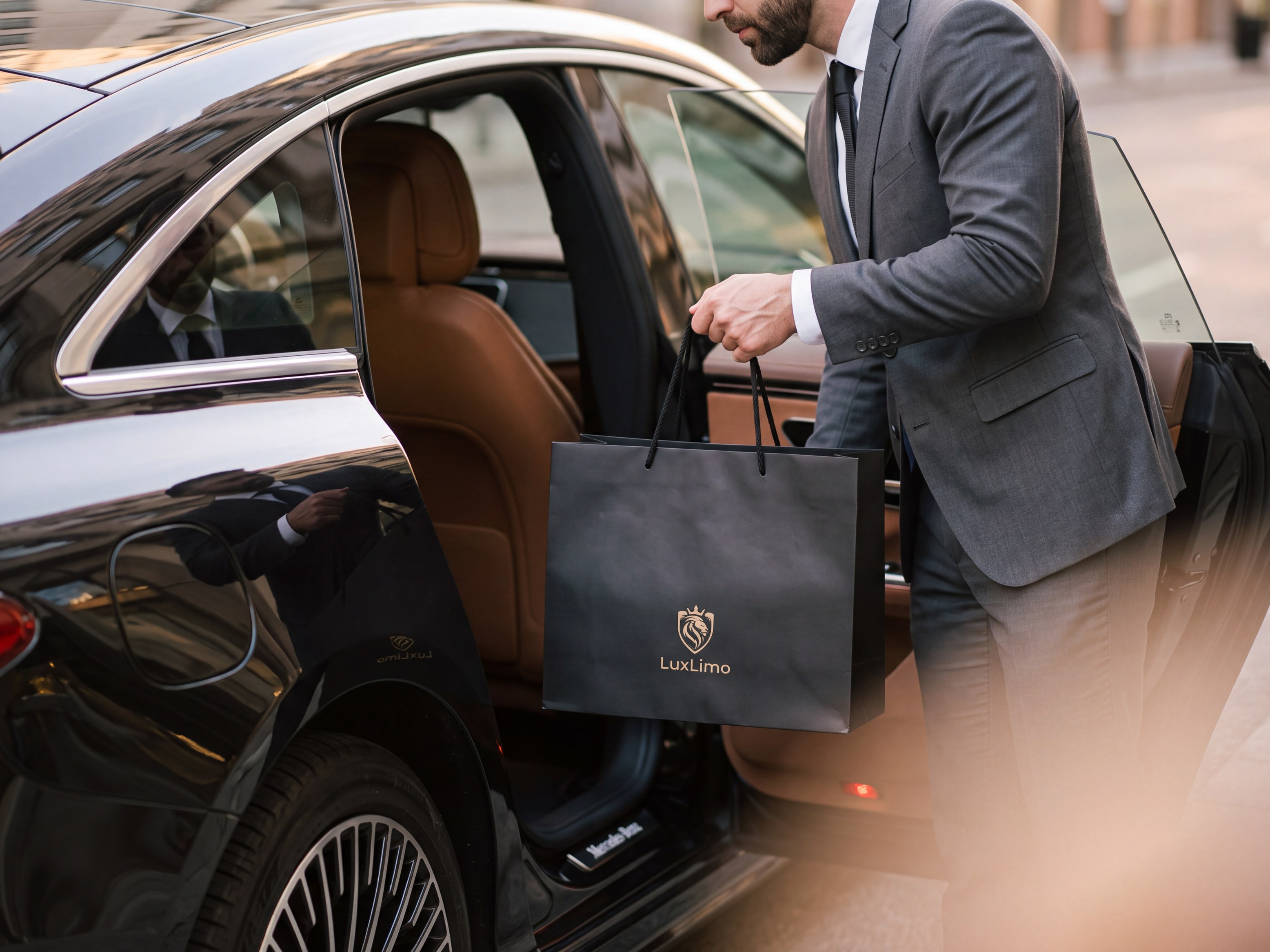LuxLimo chauffeur placing a black LuxLimo shopping bag on the rear seat of a Mercedes-Benz