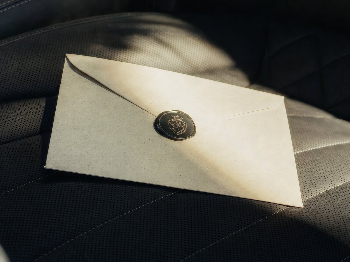 A sealed LuxLimo Club envelope on the black leather rear seat of a LuxLimo chauffeur car