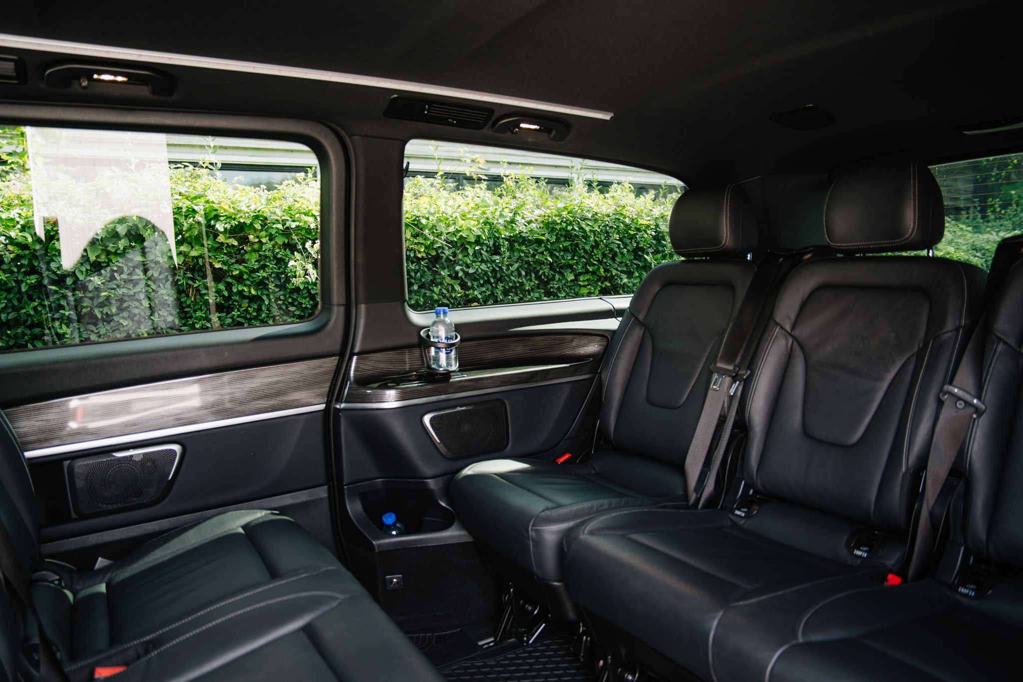 Rear cabin of the Mercedes-Benz EQV, the LuxLimo XL, with the leather seats