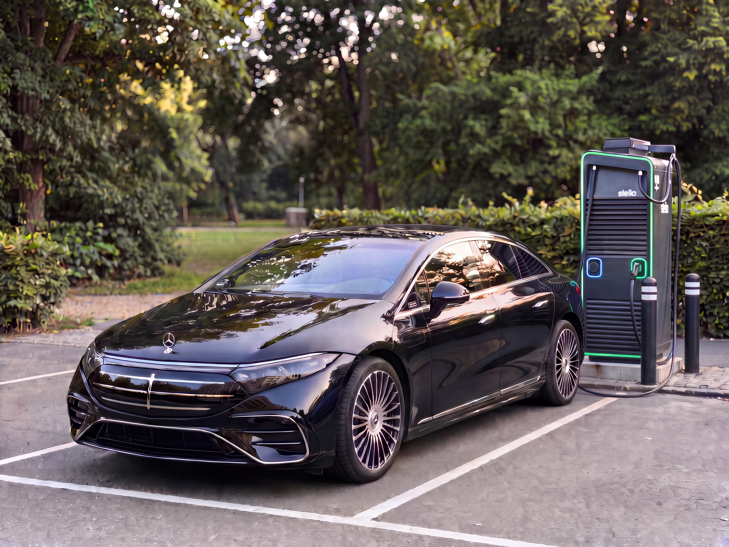 Black Mercedes-Benz EQS from the LuxLimo fleet charging at a fast-charging station in Copenhagen