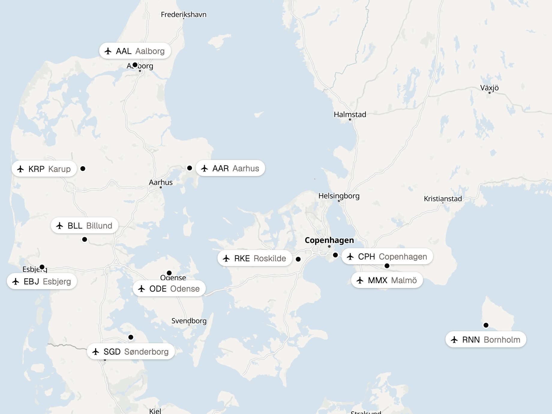 Kort over de elleve lufthavne, LuxLimo kører til: København, Roskilde, Billund, Aarhus, Aalborg, Karup, Esbjerg, Sønderborg, Odense, Bornholm og Malmö