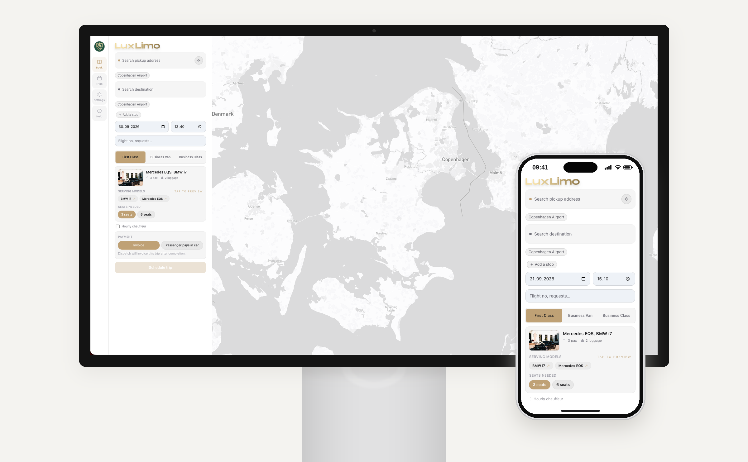 LuxLimo business booking portal on desktop and mobile, invoice payment selected